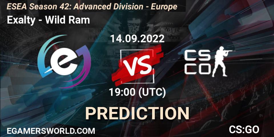 Prognose für das Spiel Exalty VS Wild Ram. 14.09.2022 at 19:00. Counter-Strike (CS2) - ESEA Season 42: Advanced Division - Europe