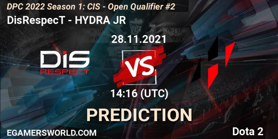 Prognose für das Spiel DisRespecT VS HYDRA JR. 28.11.2021 at 14:16. Dota 2 - DPC 2022 Season 1: CIS - Open Qualifier #2