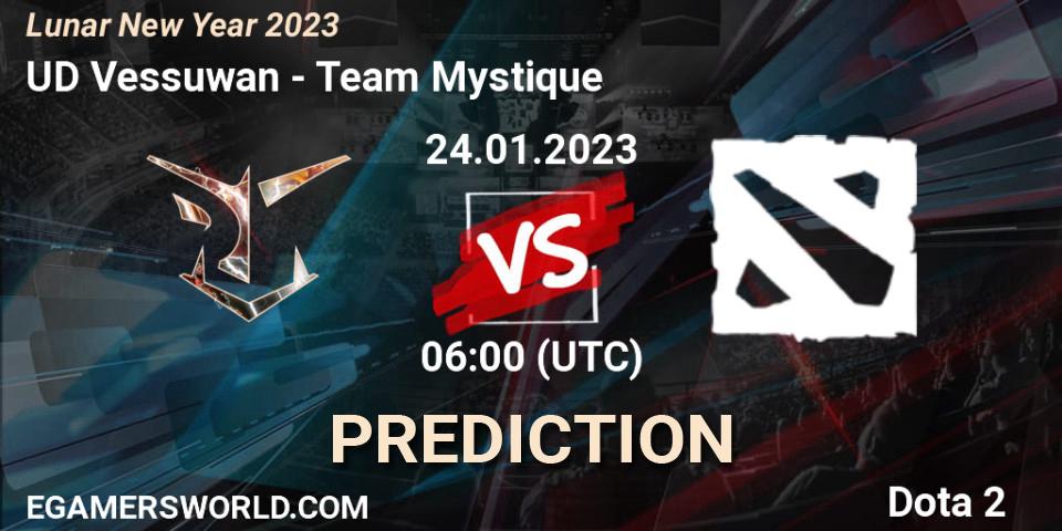 Prognose für das Spiel UD Vessuwan VS Team Mystique. 24.01.2023 at 06:00. Dota 2 - Lunar New Year 2023