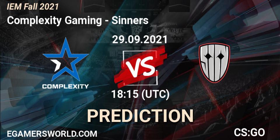 Prognose für das Spiel Complexity Gaming VS Sinners. 29.09.2021 at 19:00. Counter-Strike (CS2) - IEM Fall 2021: Europe RMR