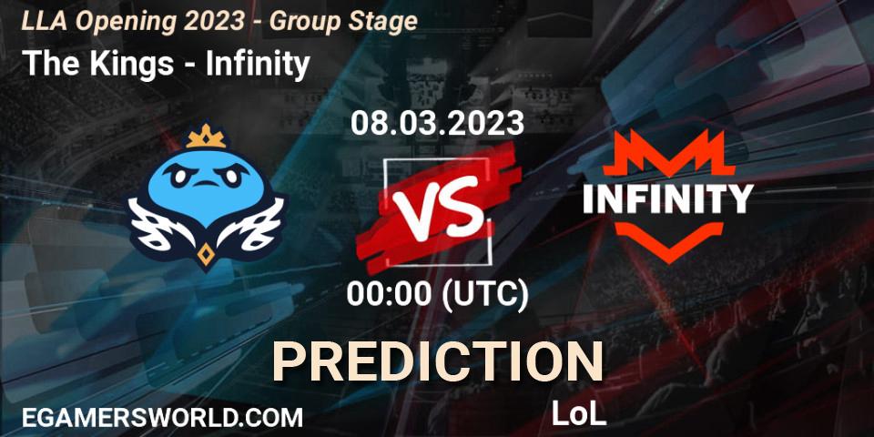 Prognose für das Spiel The Kings VS Infinity. 08.03.2023 at 00:00. LoL - LLA Opening 2023 - Group Stage