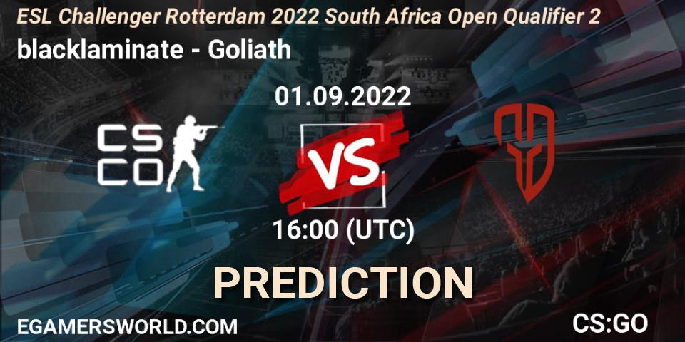 Prognose für das Spiel blacklaminate VS Goliath. 01.09.2022 at 16:00. Counter-Strike (CS2) - ESL Challenger Rotterdam 2022 South Africa Open Qualifier 2