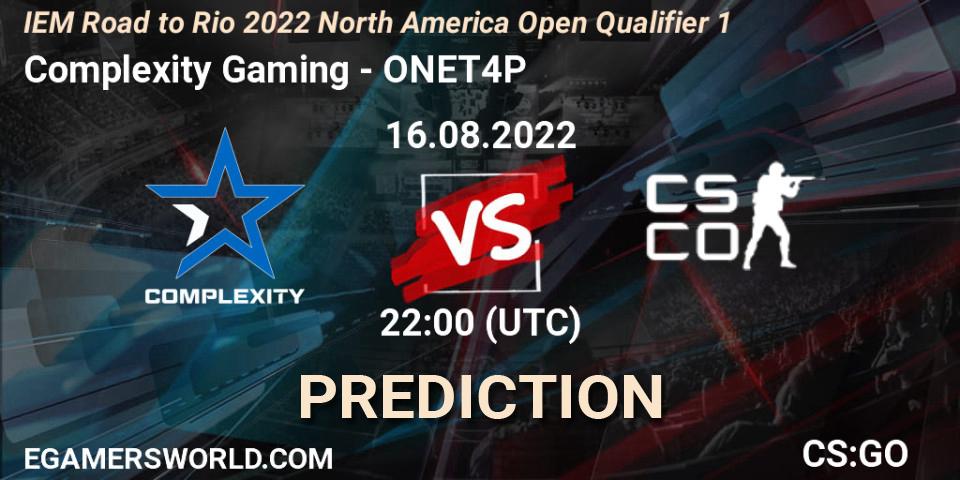 Prognose für das Spiel Complexity Gaming VS ONET4P. 16.08.2022 at 22:30. Counter-Strike (CS2) - IEM Road to Rio 2022 North America Open Qualifier 1