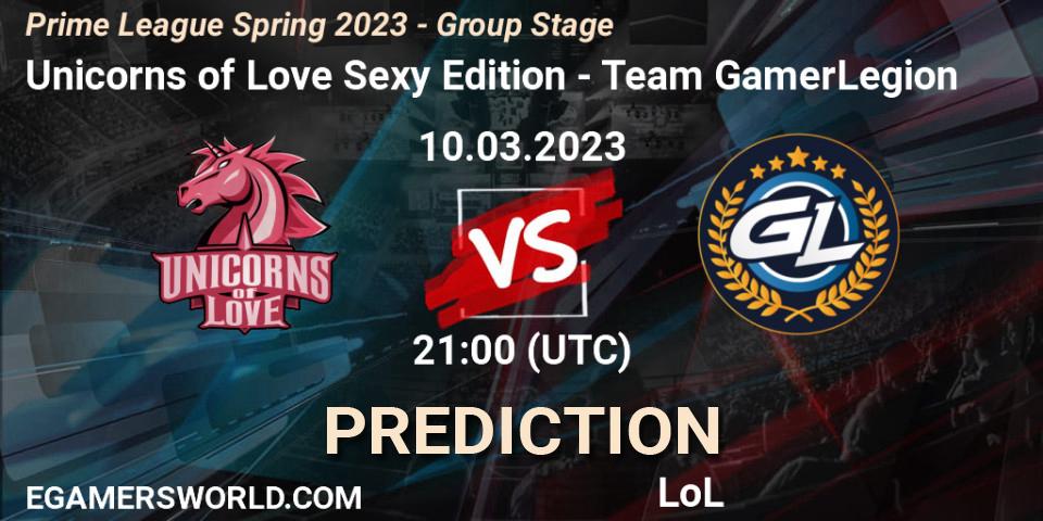 Prognose für das Spiel Unicorns of Love Sexy Edition VS Team GamerLegion. 10.03.2023 at 20:00. LoL - Prime League Spring 2023 - Group Stage