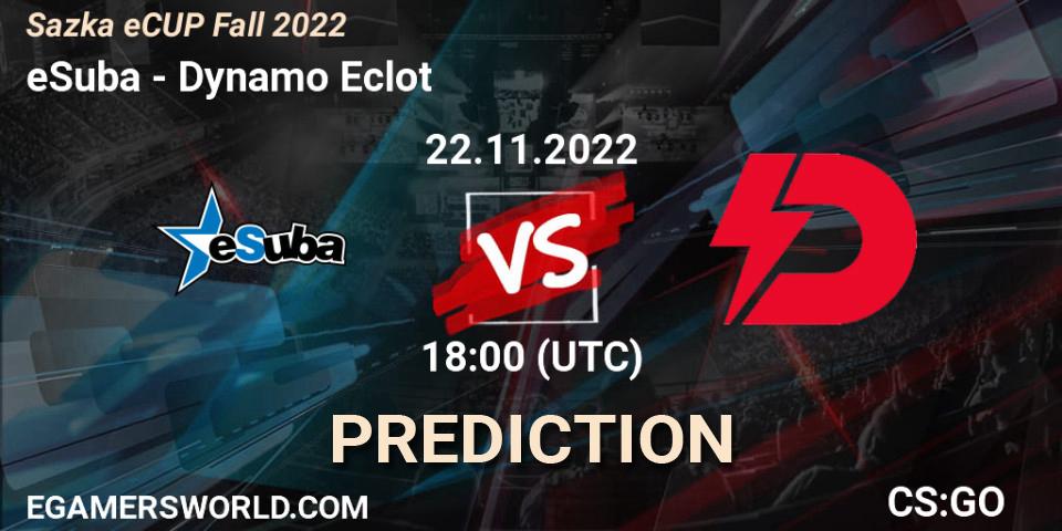 Prognose für das Spiel eSuba VS Dynamo Eclot. 22.11.2022 at 17:20. Counter-Strike (CS2) - Sazka eCUP Winter 2022
