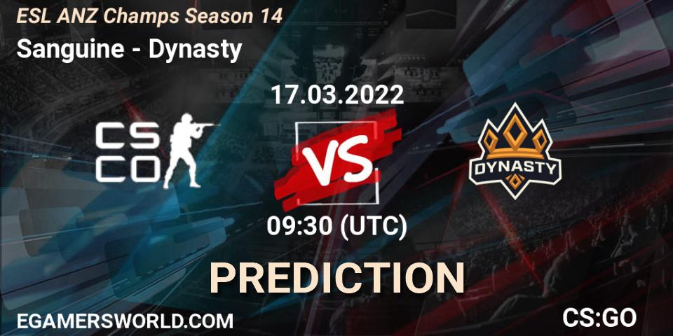 Prognose für das Spiel Sanguine VS Dynasty. 17.03.2022 at 10:50. Counter-Strike (CS2) - ESL ANZ Champs Season 14