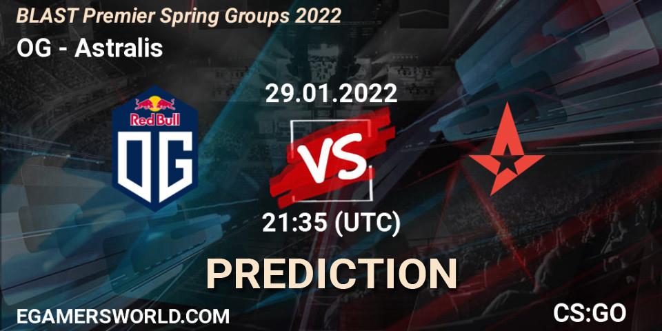 Prognose für das Spiel OG VS Astralis. 29.01.2022 at 21:35. Counter-Strike (CS2) - BLAST Premier Spring Groups 2022