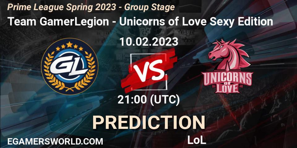 Prognose für das Spiel Team GamerLegion VS Unicorns of Love Sexy Edition. 10.02.2023 at 17:00. LoL - Prime League Spring 2023 - Group Stage