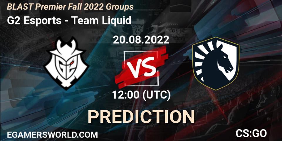 Prognose für das Spiel G2 Esports VS Team Liquid. 20.08.2022 at 12:15. Counter-Strike (CS2) - BLAST Premier Fall 2022 Groups
