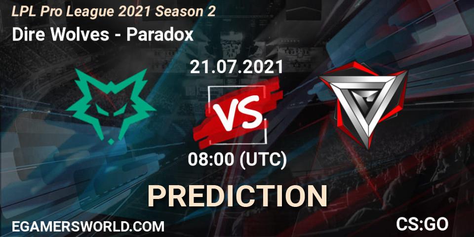 Prognose für das Spiel Dire Wolves VS Paradox. 21.07.2021 at 08:00. Counter-Strike (CS2) - LPL Pro League 2021 Season 2