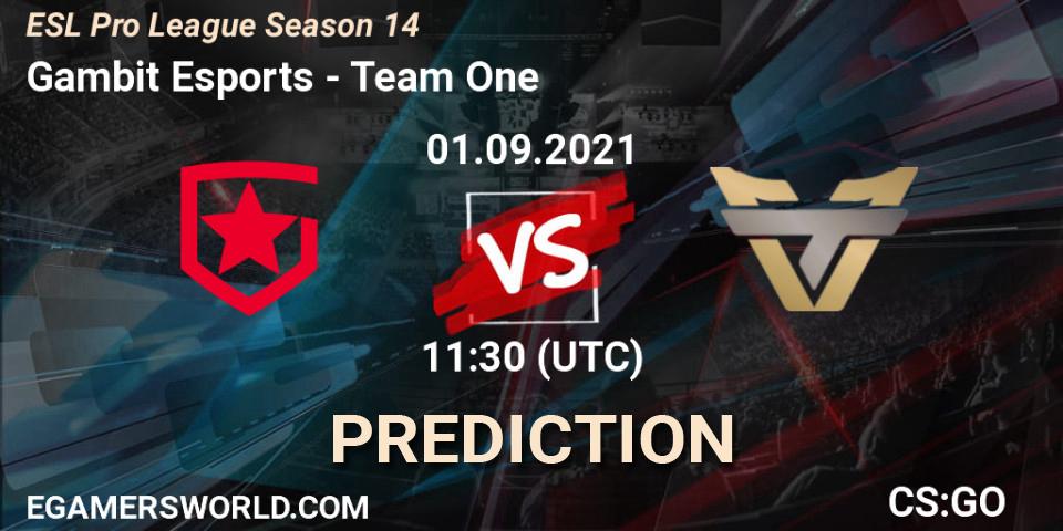 Prognose für das Spiel Gambit Esports VS Team One. 01.09.2021 at 11:30. Counter-Strike (CS2) - ESL Pro League Season 14