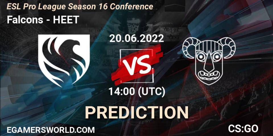 Prognose für das Spiel Falcons VS HEET. 20.06.2022 at 14:00. Counter-Strike (CS2) - ESL Pro League Season 16 Conference