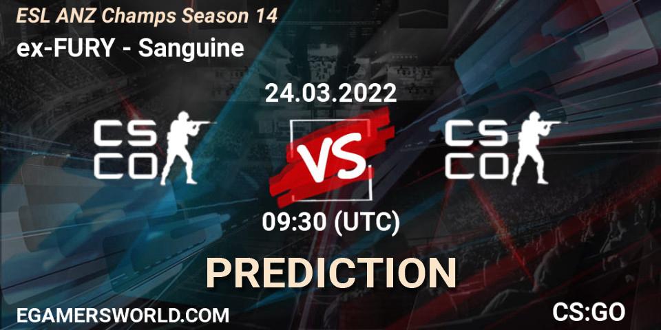 Prognose für das Spiel ex-FURY VS Sanguine. 24.03.2022 at 11:00. Counter-Strike (CS2) - ESL ANZ Champs Season 14