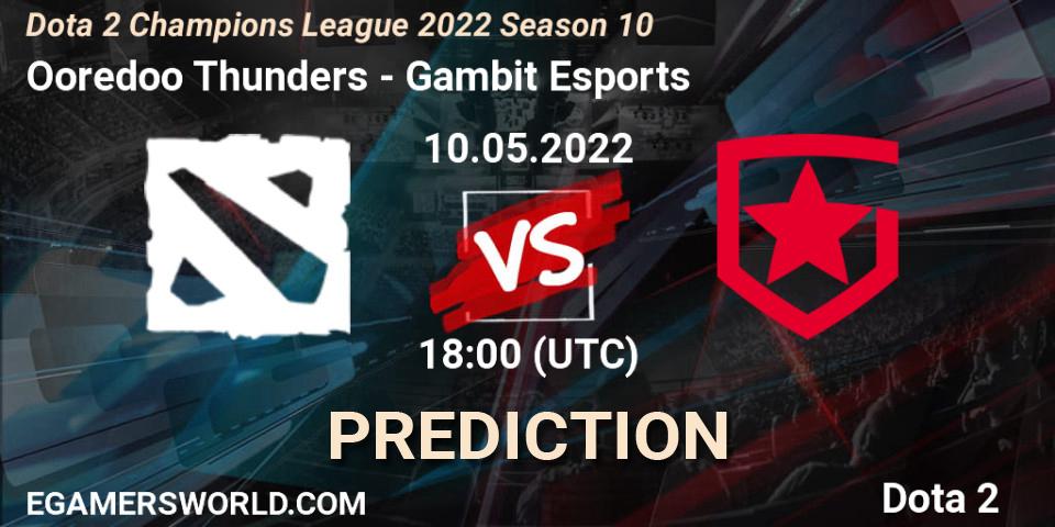 Prognose für das Spiel Ooredoo Thunders VS Gambit Esports. 10.05.2022 at 18:00. Dota 2 - Dota 2 Champions League 2022 Season 10 