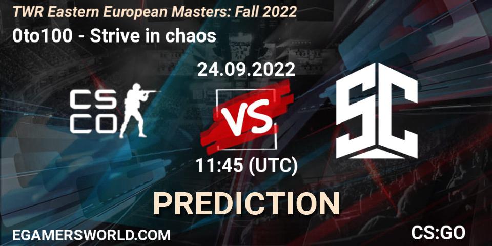 Prognose für das Spiel 0to100 VS Strive in chaos. 24.09.22. CS2 (CS:GO) - TWR Eastern European Masters: Fall 2022
