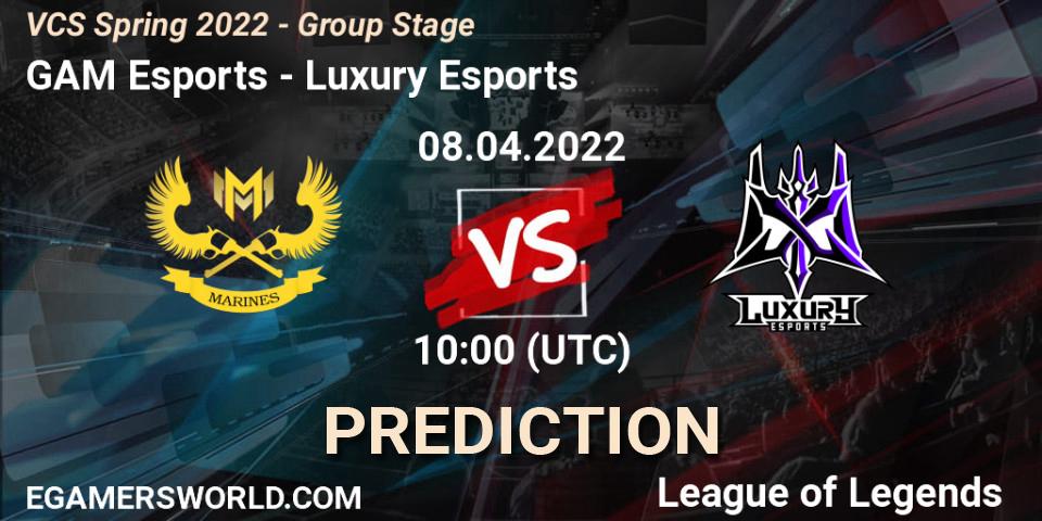 Prognose für das Spiel GAM Esports VS Luxury Esports. 07.04.2022 at 10:00. LoL - VCS Spring 2022 - Group Stage 