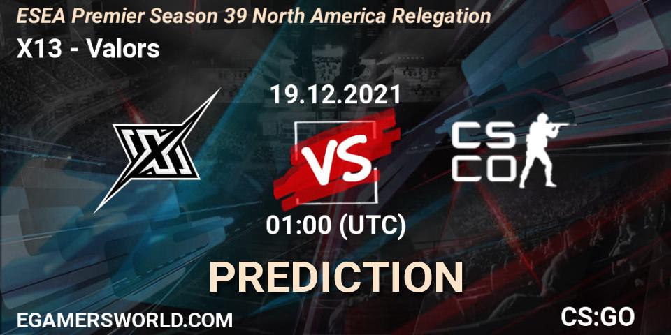 Prognose für das Spiel X13 VS Valors. 19.12.2021 at 02:30. Counter-Strike (CS2) - ESEA Premier Season 39 North America Relegation