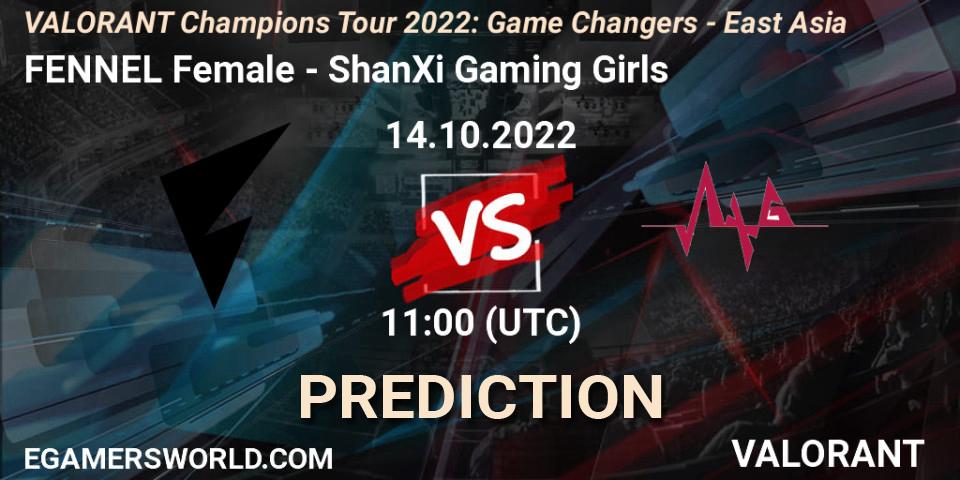 Prognose für das Spiel FENNEL Female VS ShanXi Gaming Girls. 14.10.2022 at 12:30. VALORANT - VCT 2022: Game Changers - East Asia