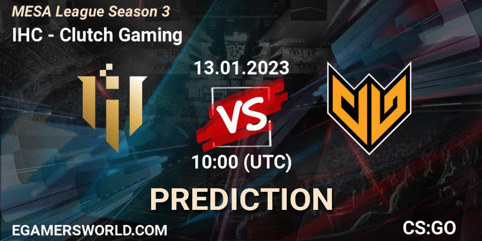 Prognose für das Spiel IHC VS Clutch Gaming. 18.01.2023 at 03:00. Counter-Strike (CS2) - MESA League Season 3