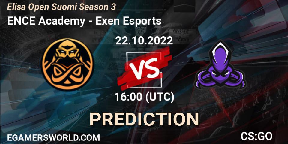 Prognose für das Spiel ENCE Academy VS Exen Esports. 22.10.2022 at 16:00. Counter-Strike (CS2) - Elisa Open Suomi Season 3