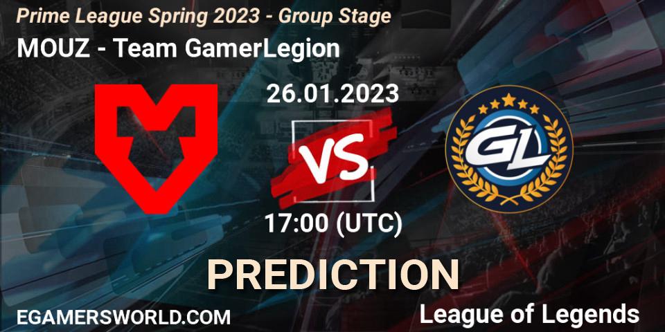 Prognose für das Spiel MOUZ VS Team GamerLegion. 26.01.2023 at 20:00. LoL - Prime League Spring 2023 - Group Stage