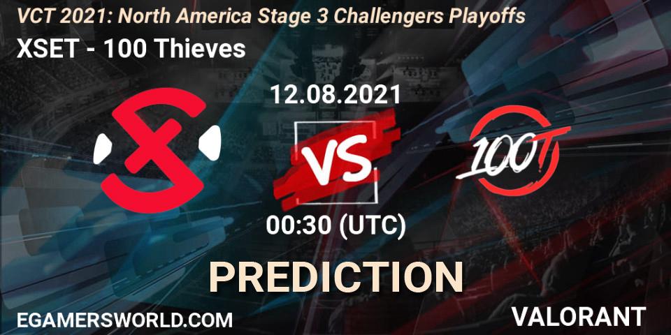 Prognose für das Spiel XSET VS 100 Thieves. 12.08.2021 at 00:30. VALORANT - VCT 2021: North America Stage 3 Challengers Playoffs