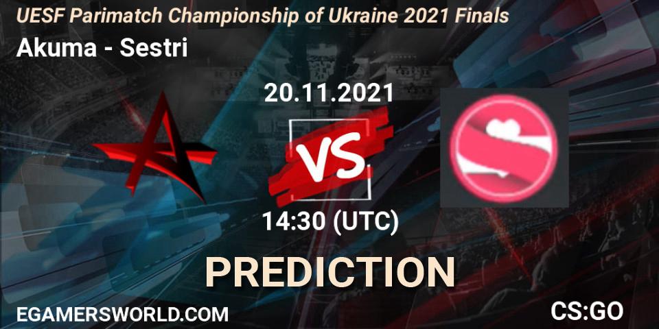 Prognose für das Spiel Akuma VS Sestri. 20.11.2021 at 15:15. Counter-Strike (CS2) - UESF Parimatch Championship of Ukraine 2021 Finals