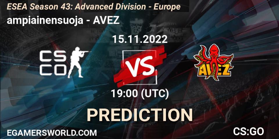 Prognose für das Spiel ampiainensuoja VS AVEZ. 15.11.2022 at 19:00. Counter-Strike (CS2) - ESEA Season 43: Advanced Division - Europe