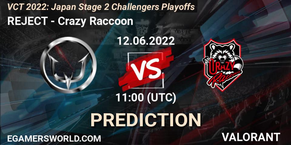 Prognose für das Spiel REJECT VS Crazy Raccoon. 12.06.2022 at 11:00. VALORANT - VCT 2022: Japan Stage 2 Challengers Playoffs