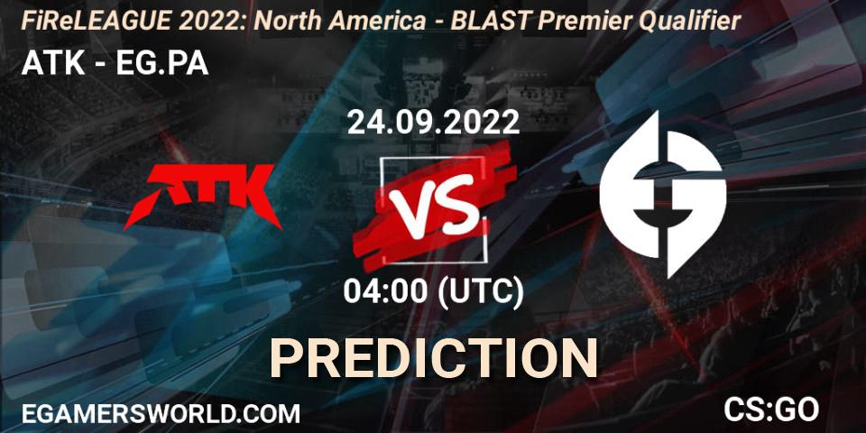 Prognose für das Spiel ATK VS EG.PA. 24.09.2022 at 04:00. Counter-Strike (CS2) - FiReLEAGUE 2022: North America - BLAST Premier Qualifier