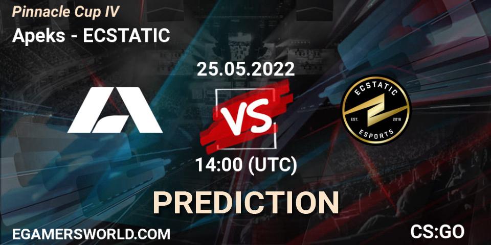 Prognose für das Spiel Apeks VS ECSTATIC. 25.05.2022 at 14:00. Counter-Strike (CS2) - Pinnacle Cup #4