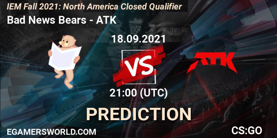 Prognose für das Spiel Bad News Bears VS ATK. 18.09.2021 at 21:00. Counter-Strike (CS2) - IEM Fall 2021: North America Closed Qualifier