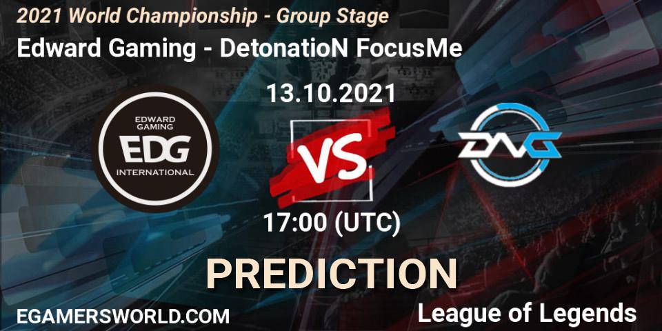 Prognose für das Spiel Edward Gaming VS DetonatioN FocusMe. 13.10.2021 at 17:10. LoL - 2021 World Championship - Group Stage
