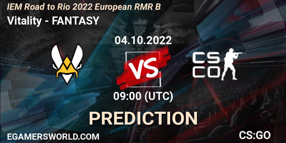 Prognose für das Spiel Vitality VS FANTASY. 04.10.2022 at 15:20. Counter-Strike (CS2) - IEM Road to Rio 2022 European RMR B
