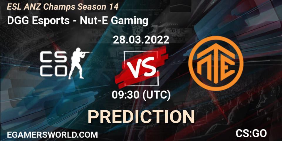 Prognose für das Spiel DGG Esports VS Nut-E Gaming. 28.03.2022 at 10:10. Counter-Strike (CS2) - ESL ANZ Champs Season 14