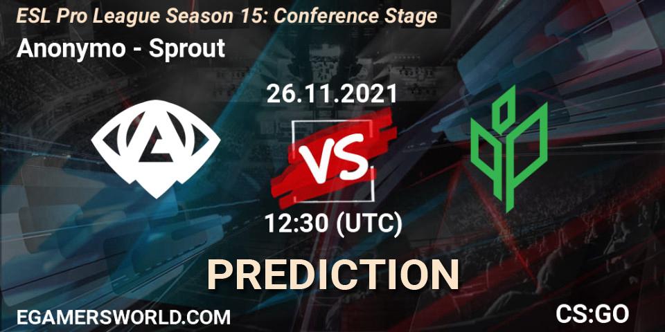 Prognose für das Spiel Anonymo VS Sprout. 26.11.2021 at 12:30. Counter-Strike (CS2) - ESL Pro League Season 15: Conference Stage