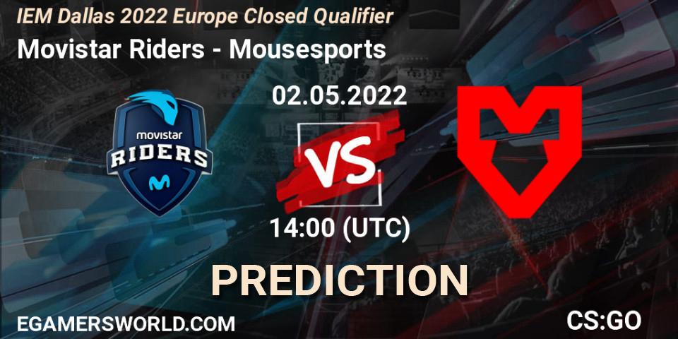 Prognose für das Spiel Movistar Riders VS Mousesports. 02.05.2022 at 14:00. Counter-Strike (CS2) - IEM Dallas 2022 Europe Closed Qualifier