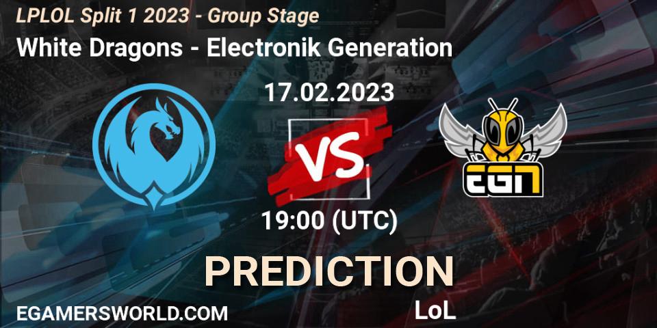 Prognose für das Spiel White Dragons VS Electronik Generation. 17.02.2023 at 19:00. LoL - LPLOL Split 1 2023 - Group Stage