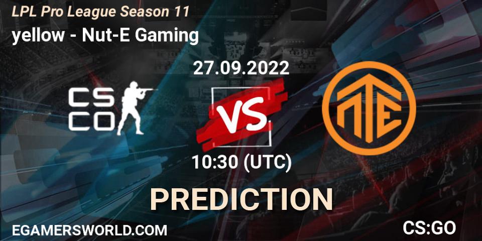 Prognose für das Spiel yellow VS Nut-E Gaming. 27.09.2022 at 10:30. Counter-Strike (CS2) - LPL Pro League 2022 Season 2