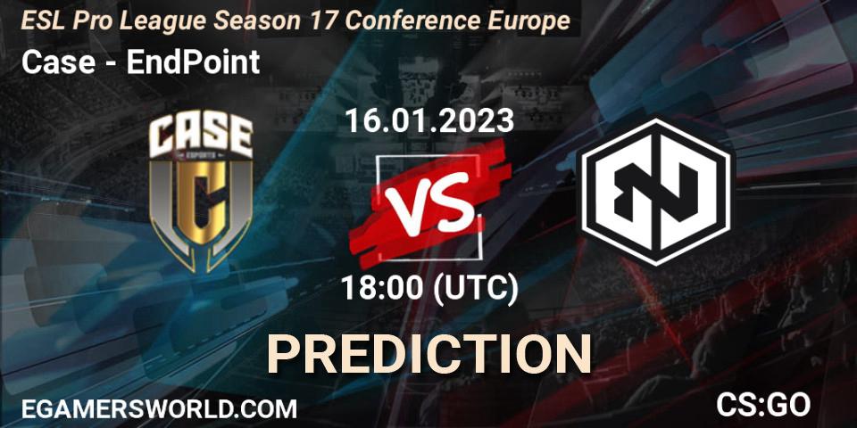 Prognose für das Spiel Case VS EndPoint. 16.01.2023 at 18:00. Counter-Strike (CS2) - ESL Pro League Season 17 Conference Europe