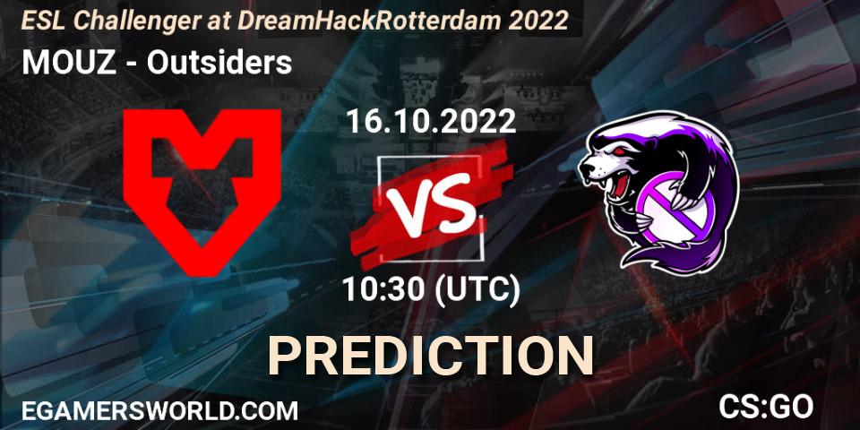 Prognose für das Spiel MOUZ VS Outsiders. 16.10.2022 at 07:00. Counter-Strike (CS2) - ESL Challenger at DreamHack Rotterdam 2022