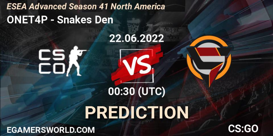 Prognose für das Spiel ONET4P VS Snakes Den. 22.06.2022 at 00:30. Counter-Strike (CS2) - ESEA Advanced Season 41 North America