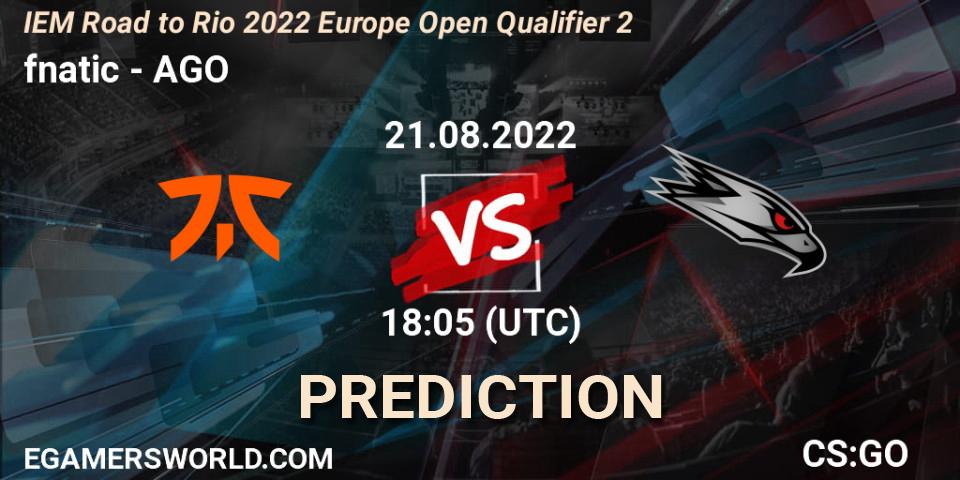 Prognose für das Spiel fnatic VS AGO. 21.08.22. CS2 (CS:GO) - IEM Road to Rio 2022 Europe Open Qualifier 2