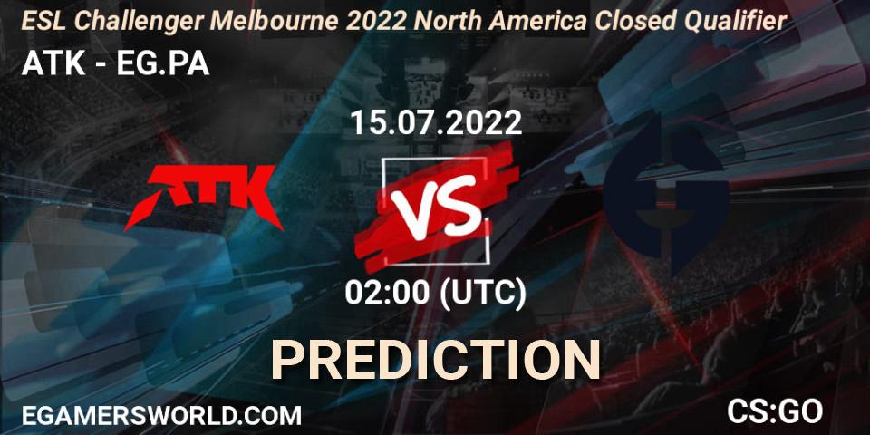 Prognose für das Spiel ATK VS EG.PA. 15.07.2022 at 02:00. Counter-Strike (CS2) - ESL Challenger Melbourne 2022 North America Closed Qualifier