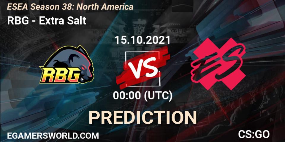 Prognose für das Spiel RBG VS Extra Salt. 15.10.2021 at 00:00. Counter-Strike (CS2) - ESEA Season 38: North America 