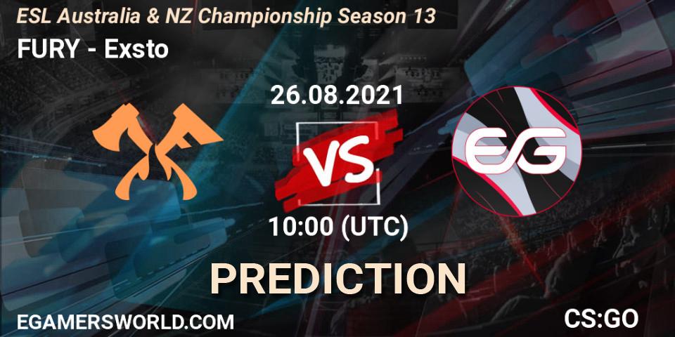 Prognose für das Spiel FURY VS Exsto. 26.08.21. CS2 (CS:GO) - ESL Australia & NZ Championship Season 13