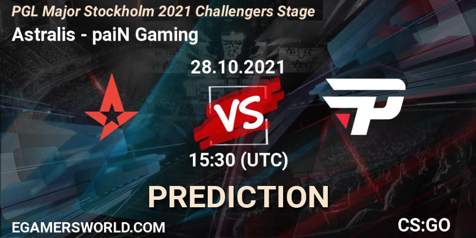 Prognose für das Spiel Astralis VS paiN Gaming. 28.10.2021 at 15:35. Counter-Strike (CS2) - PGL Major Stockholm 2021 Challengers Stage