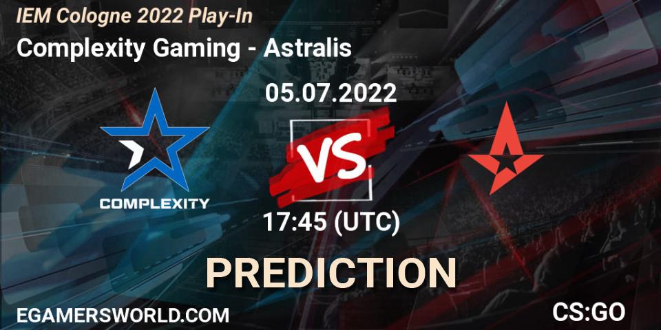 Prognose für das Spiel Complexity Gaming VS Astralis. 05.07.2022 at 18:20. Counter-Strike (CS2) - IEM Cologne 2022 Play-In