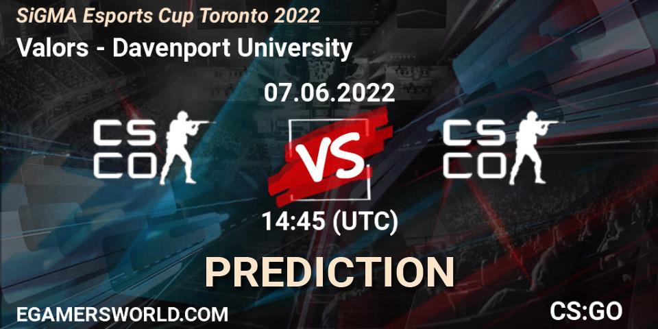 Prognose für das Spiel Valors VS Davenport University. 07.06.2022 at 14:55. Counter-Strike (CS2) - SiGMA Esports Cup Toronto 2022