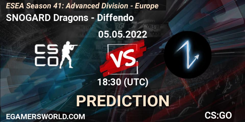 Prognose für das Spiel SNOGARD Dragons VS Diffendo. 05.05.2022 at 18:30. Counter-Strike (CS2) - ESEA Season 41: Advanced Division - Europe